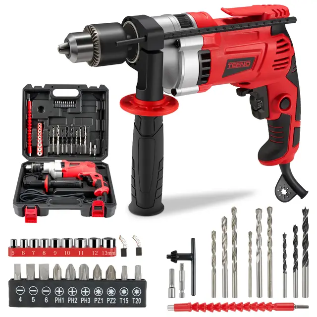 TEENO Perceuse à Percussion électrique 910W, Perceuse à Percussion Filaire 0-3000 RPM avec bouton de vitesse variable,38 accessoires, Mandrin 13mm,Brique,Bois,Acier