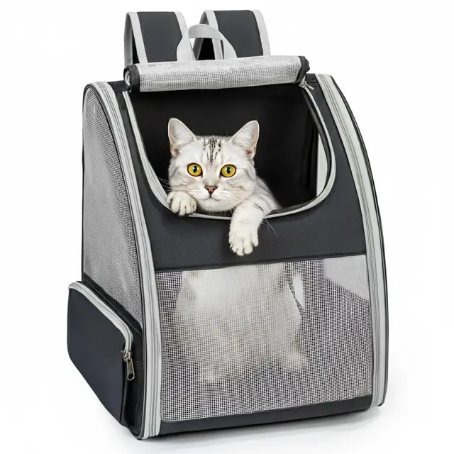 Conlun Sac à Dos Transport Chat et Sac à Dos Chien pour Petits Chiens et Chats jusqu'à 7kg, Sac à Dos pour Chien Pliable avec Fenêtres en Maille sur 3 côtés pour Voyages et randonnées,Gris