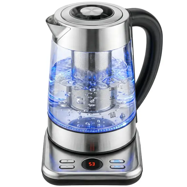 HOMCOM Bouilloire Électrique 1,7L, Ébullition Rapide 2200W avec Thermostat Strix, Infuseur à Thé, Fonction Maintien au Chaud, Arrêt Automatique et Protection Anti-Ébullition à Sec, Argent