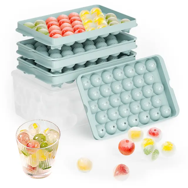 Bacs à Glaçons Ronds avec Couvercle et Boîte - Lot de 3 Bacs Empilables pour Petites Boules Glace, 99 Glaçons Ronds pour Rafraîchir Whisky, Cocktails, Café - Bac a Glacon Sphériques Démoulage Facile
