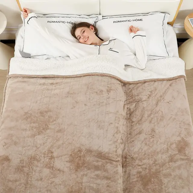ESTINGO Couverture Chauffante 200x150cm, Couette Chauffante Flanelle Sherpa, 6 Températures, Minuterie et Arrêt Auto 10h, Protection Surchauffe, Lavable Machine, Lit Canapé Homme Femme Famille, Beige