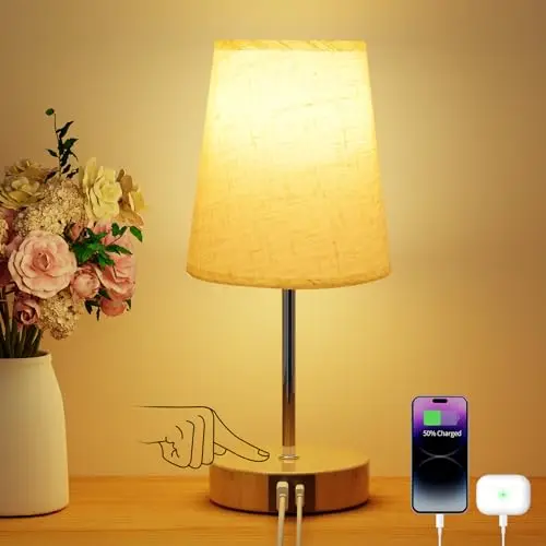 Suright Lampe de Chevet Tactile avec Ports de Charge USB-A + USB-C, 3 Niveaux de Luminosité, Abat-jour en Tissu, Base en Bois, Petite Lampe de Table pour Chambrer Salon (Ampoule Incluse)