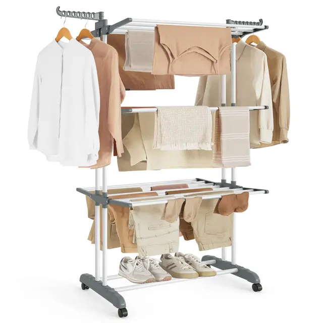 SONGMICS Étendoir à Linge, Séchoir Mobile à 4 Niveaux, avec roulettes, Pliable, 63,5 x 128 x 173 cm, Grande Capacité, Montage Facile, Utilisation Intérieure et Extérieure, Blanc LLR701W01