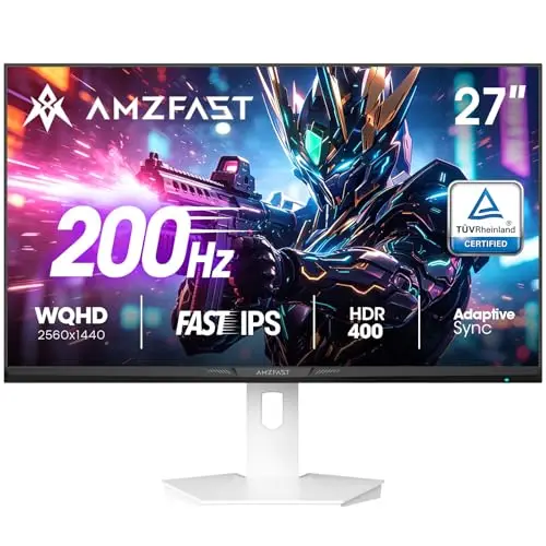 Amzfast 27 Pouces Ecran PC Gamer- 200Hz, QHD 2560x1440, Fast IPS Écran, 1ms MPRT, 95% DCI-P3, 130% sRGB, Anti-Lumière Bleue, HDR400, Adaptive Sync, VESA 100x100, HDMI 2.0x2/DP 1.4x2, Blanc - AMZG27F6Q
