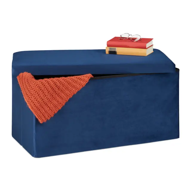 Relaxdays Banquette de Rangement, Revêtement Velours, 80 L, Entrée, Salon, Coffre à Assise Matelassée, 38x77x39 cm, Bleu