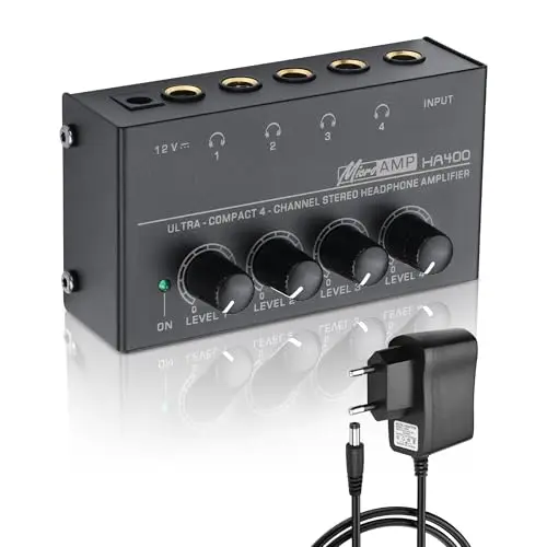 SinLoon HA400 4 canaux amplificateur de Casque stéréo, métal Mini Splitter Audio avec contrôle de Volume indépendant, 1/4 "Sortie et entrée TRS, avec Adaptateur 12V pour Studio, scène, PC, Guitare