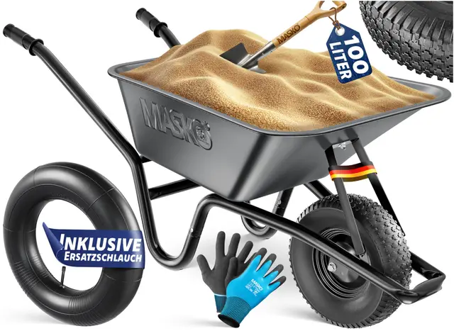 MASKO Brouette de chantier - 100 l - 250 kg - Pneus pneumatiques avec jante en acier + tuyau de rechange - Cadre en acier galvanisé - Chariot de transport - Gants