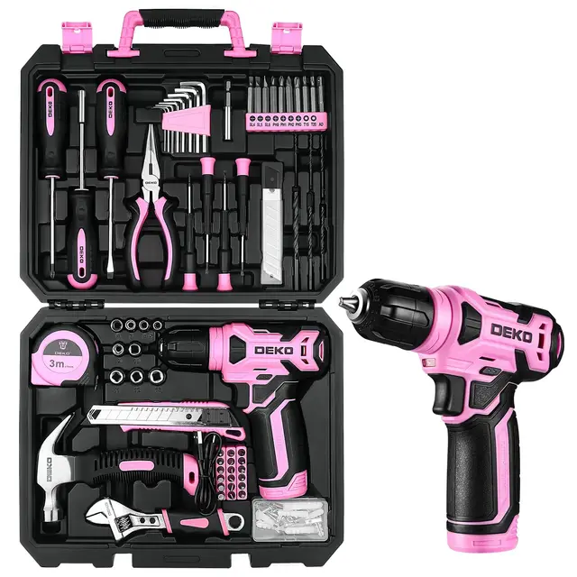 DEKO Caisse a Outil Rose avec Perceuse Visseuse Multifonction Sans Fil 8V, 126 Pièces Malette Outils complete, Ensemble d'Outils avec Perceusepour Réparation, Entretien et Travail