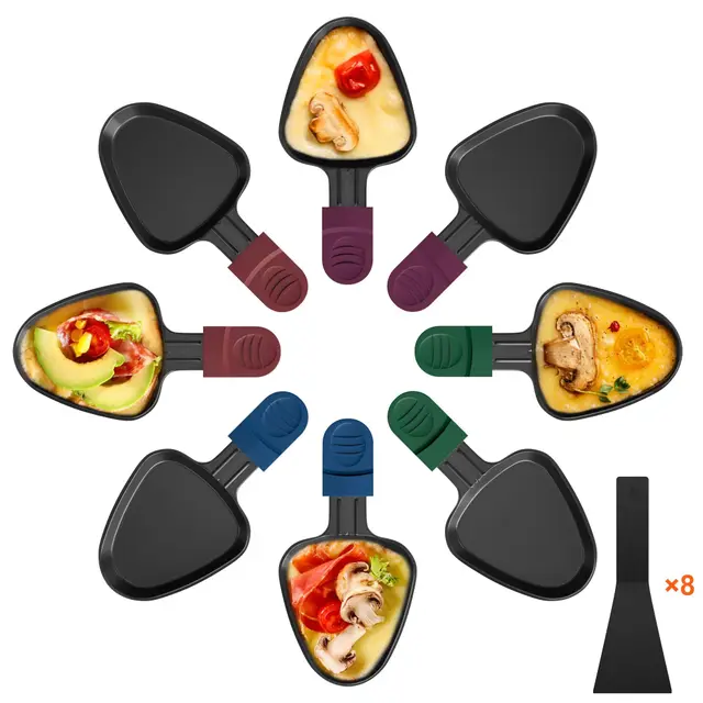 Yoassi Lot de 8 Poêlon Raclette Triangulaire Anti-adhésif, Coupelle Raclette Triangle avec Poignée Colorée Anti-brûlure pour Fromage Fondu, Oeuf Frit, 8 Pcs Pelle en Nylon Passées au Lave-vaisselle