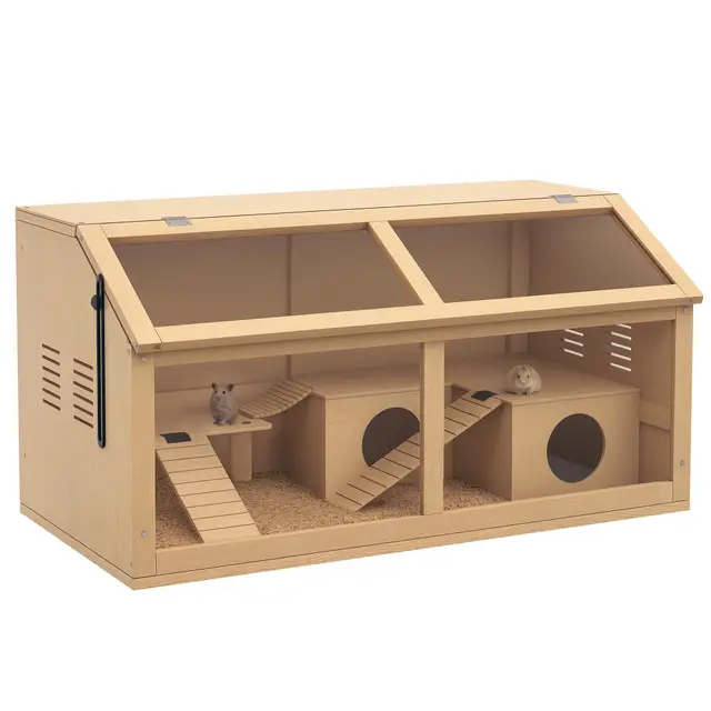 PawHut Cage Hamster en Bois avec Acrylique, Habitat spacieux pour Rongeur avec Ventilation, Accessoires et Couvercle ouvrant, Terrarium pour gerbilles et Souris, Effet Bois Naturel, 85x45x44cm