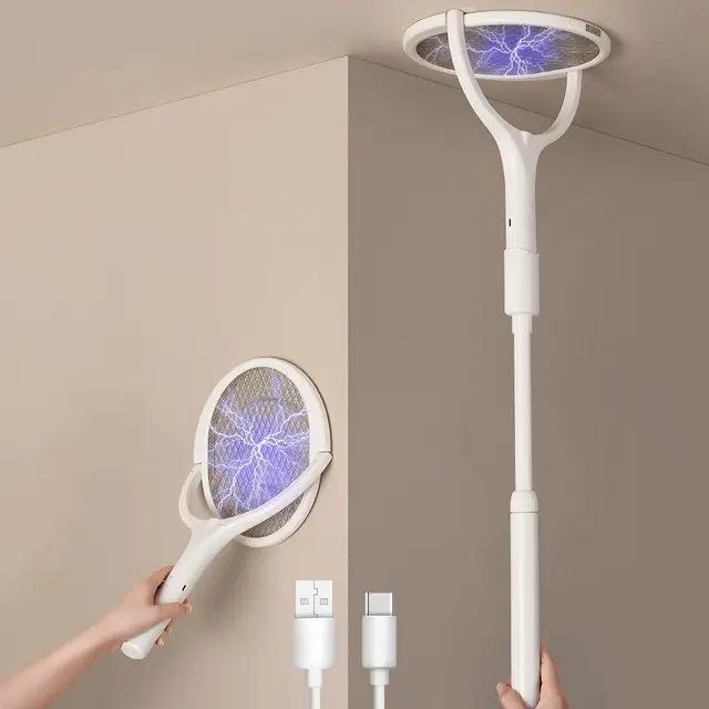 GeckoMan Tête Rotative Raquette Électrique Insectes Rechargeable Raquette Anti Moustique Électrique Moustique Tapetteà Mouche Piège Anti Mouche, avec Une Extension Télescopique