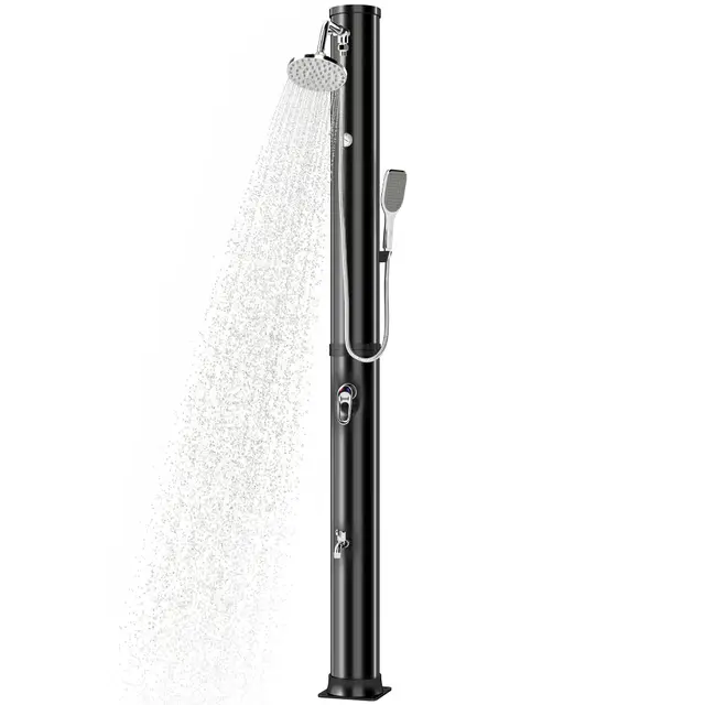 Outsunny Douche Solaire de Jardin 40L avec Douchette à Main et Robinet Lave-Pieds - Douche de Piscine avec Mitigeur Eau Chaude, 218cm de Haut, Pression 3,5 Bar, Matériau Anti-UV, Noir