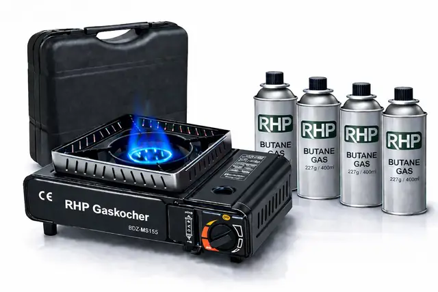Réchaud à gaz d'extérieur RHP cuisinière de camping I cuisinière à gaz avec 4 cartouches de gaz à baïonnette - avec étui pratique - jusqu'à 30% de consommation de gaz en moins