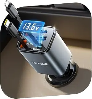 Lamicall 4 en 1 Chargeur Allume Cigare Voiture USB C - 69W Charge Rapide [Compact] [Indicateur de Tension] 180° Pliable Chargeur Voiture avec 2 Câbles Rétractables & Port USB-C/A, pour iPhone/Samsung