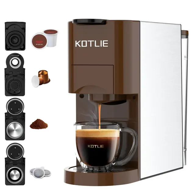 KOTLIE AC-513K 4 en 1 Multifonctionnel Machine à Café à Capsules, pour NES/DG/Café en Poudre/ESE Pod(44mm),19Bar, 0.8L réservoir de stockage d'eau(Brun)