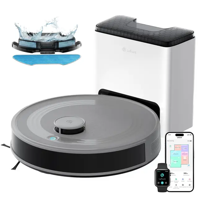 Lefant M2S Plus Aspirateur Robot Laveur avec Station, 10000Pa Aspirateur, Vidange Automatique, Évitement d'obstacles, 240min, Idéal pour Les Poils d'animaux Tapis Sols Durs, Connecté avec Alexa/App