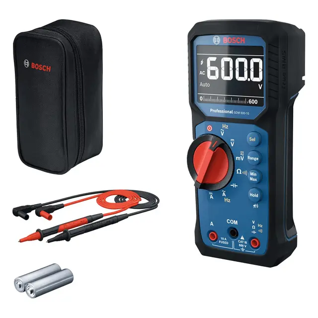 Bosch Professional Multimètre Numérique GDM 600-15 (True RMS, écran LCD inversé, mesure fréquence/continuité/résistance/capacité, Min/Max/Moyenne, cordons de mesure MS 90)