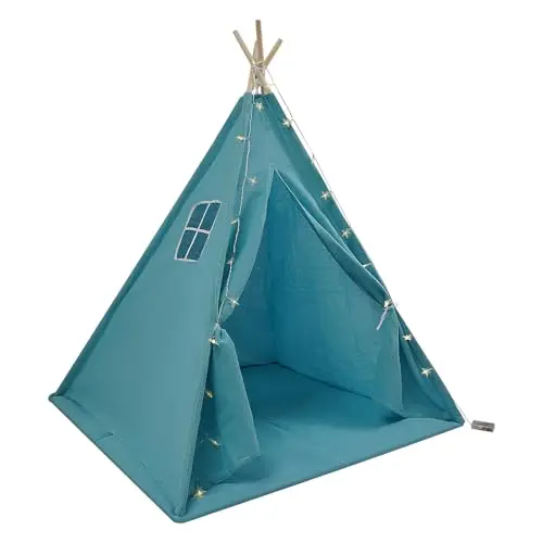 Tipi - Tente tipi pour enfant - 120 x 120 x 140 cm - Tente de jeu pliable - Tente de jeu d'intérieur - Tente de jeu pour enfant - Avec tapis - Guirlande lumineuse - Bleu