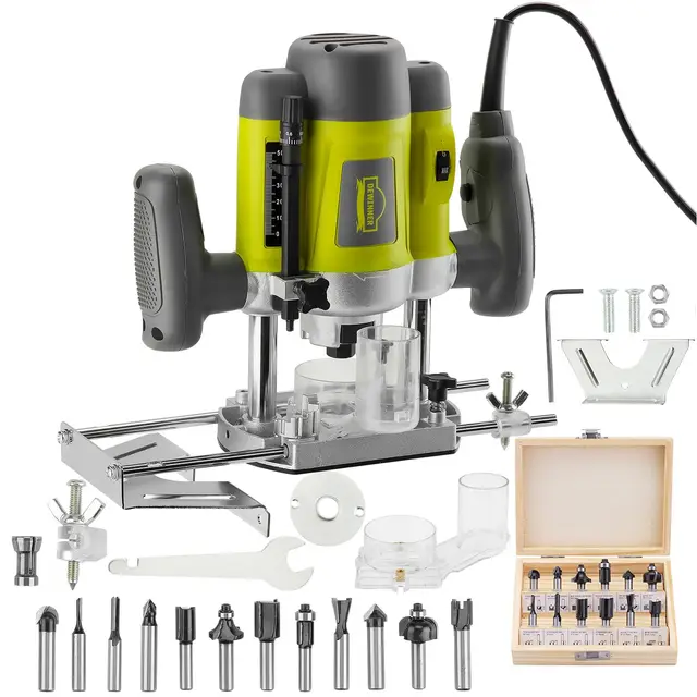 Défonceuse affleureuse électrique, Dewinner à Bois 1200W, profession plastifieuse avec Accessoires Coffret de 12 Fraises à défoncer