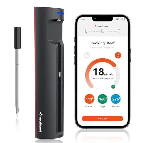 Pro Thermomètre à viande avec Wi-Fi et Bluetooth, surveillance par application avec minuterie et alarme, IP67 étanche et résistant à l'huile, thermomètre à viande sans fil pour Four, Barbecue