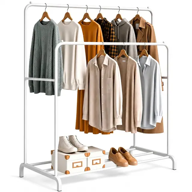 Edihome, Portant a Vetement, Double, 110X150X54 cm, pour Chambre, Robuste, en Métal, avec Support pour Support à Chaussures, des Cintres Chemises, des Pantalons, des Vestes Fines (Blanc Double)