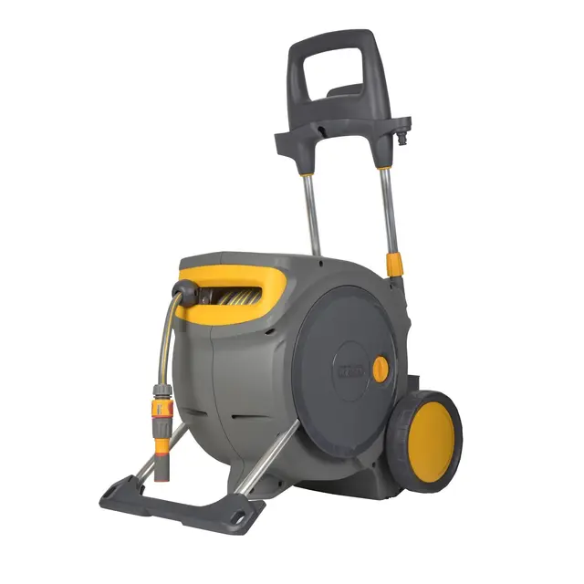 Chariot Hozelock Pro | Auto Reel Mobile | Inclus : Tuyau de jardin 35 m, buse 3-en-1, kit de connecteurs et raccords | Enroulement et superposition automatiques | Mobilité supérieure