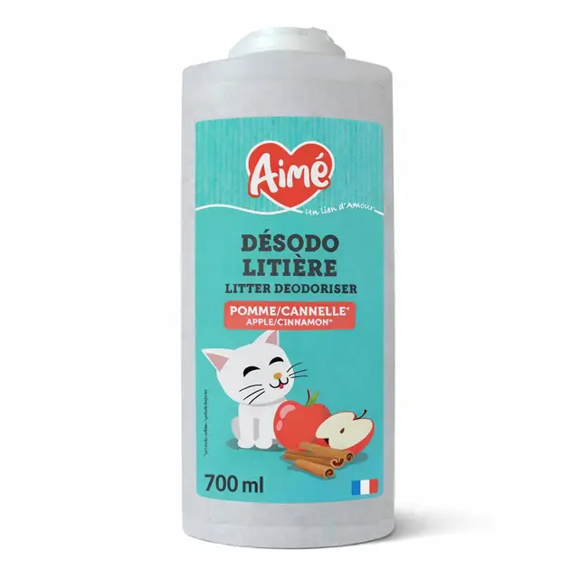 Aimé | Désodorisant Litière Chat Anti Odeurs 700ml | Granulés Absorbeur d'Odeurs Fabriqués à partir de Tobermorite | Senteur Pomme Cannelle