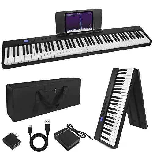 Clavier de piano pliant Kime, clavier électrique Piano 88 touches Clavier pliable de piano numérique semi-pondéré avec pédale de sustain Bluetooth MIDI, porte-feuille de musique, sac de transport