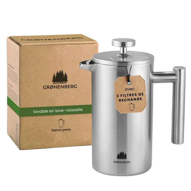 Groenenberg Cafetière à Piston | French Press avec filtres de rechange | 0,6 litre (3 tasses) | Cafetière a Piston en acier (inox)