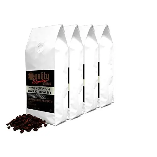 Quality Roasters Coffees. Grains de café naturels "Espresso Fuerte". Rôti noir. 100% Robusta. Pack de 4 Kg. Rôti à la main. Dark Roast. 4 x 1 Kg