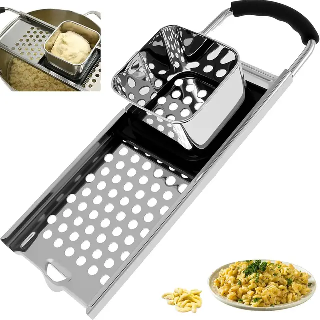 Râpe à Spätzle Professionnelle en Acier Inoxydable - Plateau avec Grattoir Intégré - Poignée Ergonomique Anti-Dérapante en Caoutchouc - Compatible Lave-Vaisselle - Accessoire Culinaire