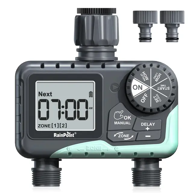 RAINPOINT Programmateur Arrosage 2 Voies, Minuteur Arrosage Automatique Étanche IP65 avec Retard de Pluie/Arrosage Manuel, pour Pelouse et Jardin