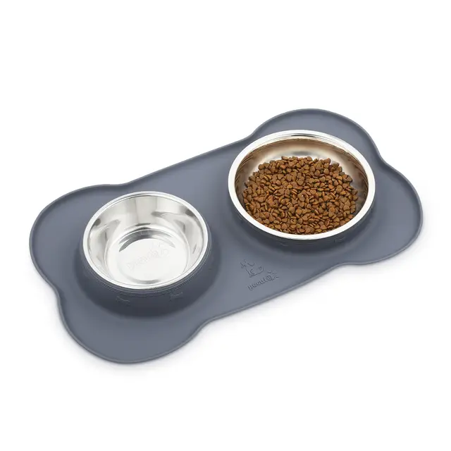 Pecute Gamelle pour Chien et Chat Antidérapante en Acier Inoxydable - Double Bols avec Tapis Silicone Anti-Débordement, Gamelle Chien Idéale pour Chiots et Chatons - Pliable M