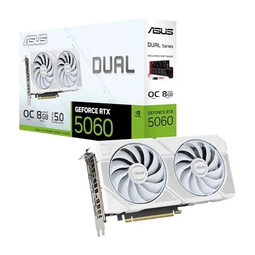 ASUS Dual GeForce RTX 5060 Carte Graphique GDDR7 White OC Edition Gaming (Nvidia Blackwell et DLSS 4, Design 2,5 emplacements, PCIE 5.0, 1 x HDMI 2.1b, 3 x DisplayPort 2.1b, Blanc, DUAL-RTX5060