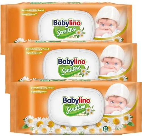 Babylino Sensitive Lingettes au délicat parfum de Camomille, Formule 98% Naturelle qui restaure le pH naturel de la peau, 3 paquets avec capot refermable, 162 lingettes