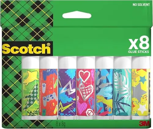 Scotch Bâtons de Colle Permanente Blanche - Lot de 8 sticks (8g) - Colle forte sans solvant et non toxique pour enfants - pour l'école, la maison et les loisirs créatifs