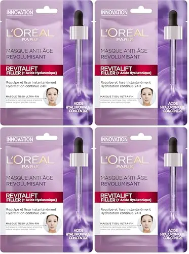 L'Oréal Paris - Masque Tissu Visage au Sérum Anti-Rides Revolumisant - Hydratation 24H - Anti-Age & Repulpant - À l'Acide Hyaluronique Pur - Coton Japonais Ultra-Fin - Revitalift Filler -28 g