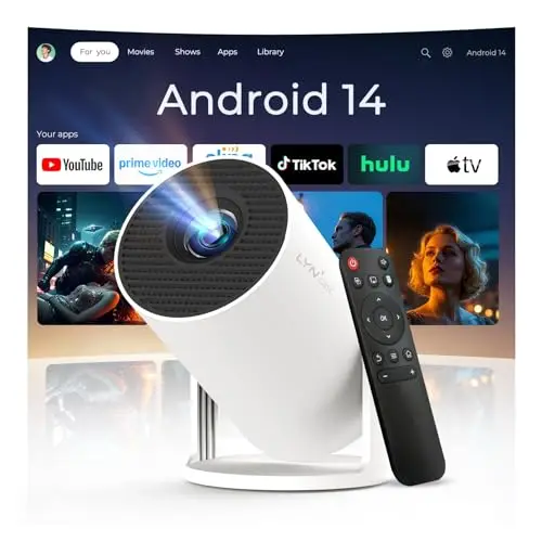 Vidéoprojecteur avec Wi-FI 6 & Bluetooth 5.4, Apps intégrées Supporte 4K Full HD Mini Video Projecteur, Android 14, Auto Keystone, 2026 Upgraded Projector pour HDMI/iPhone/USB Blanc
