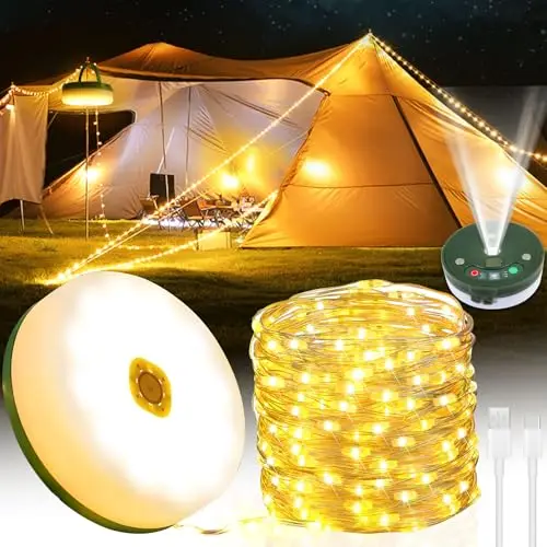 10M 100LED Guirlande lumineuse Solaire,3 en 1 Lampe Camping,IP44 Imperméable 9 Modes,2000mah,avec Télécommande,Guirlande Camping Rechargeable,Solaire Exterieure,pour Jardin,Randonnée.