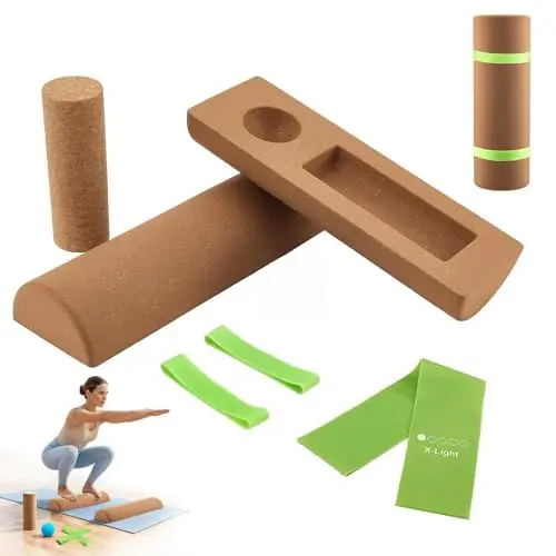 Planche d'Équilibre en Liège, Cheville Liège Pied Balance Board, avec Rouleau, Ballon Massage et Bandes de Résistance, Entraîneur de Pieds Renforcement Balance Board pour Maison, Bureau, Physio