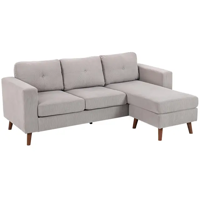HOMCOM Canapé d'angle réversible en Velours côtelé, 192 cm, canapé 3 Places en Forme de L modulaire avec méridienne, Cadre en Acier, Design Moderne, pour Salon, Appartement, Petit Espace, Gris Clair