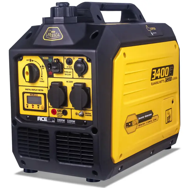Aceup Energy 3400 W Générateur à onduleur, générateur à essence, générateur de secours avec prises de courant CA 230 V, 12 V et 5 V, moteur 4 temps, réservoir de 5 litres, pour le camping, la maison