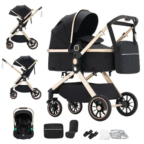 BEBBY Poussette 3 en 1 Poussettes Combinée Portable Pliant en Un,Poussettes Citadines Avec Siège,Paysage Haut Cadre en Aluminium Pour Nouveau-né (gen-U9-X-BLACK, U9-X Réglable bidirectionnel)