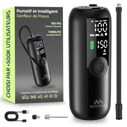 Woowind Gonfleur Pneus Voiture, Pompe A Velo, Gonflage en 1 Minute, 150PSI/10,3BAR Compresseur à Air Portatif pour Voitures, Vélos, Motos et Ballons avec Arrêt Automatique, Ecran LCD et Lampe LED