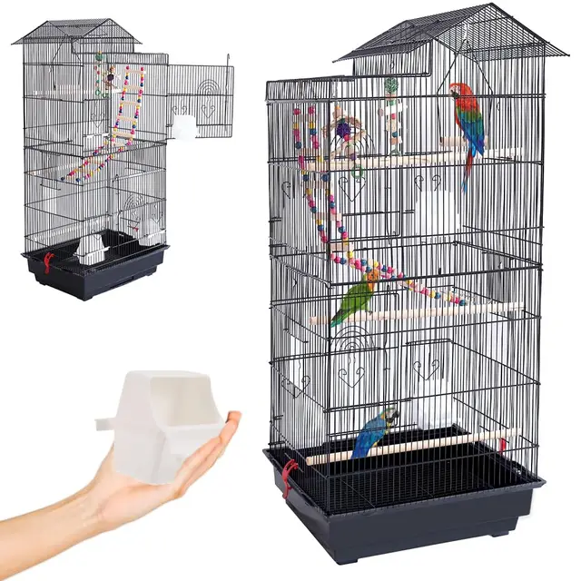 BAKAJI Cage volière pour Oiseaux, perroquets inséparables, calopsite, perruches, volatiles, en métal et Bois Noir avec Jouets, Accessoires, Cage avec échelle et bac Amovible