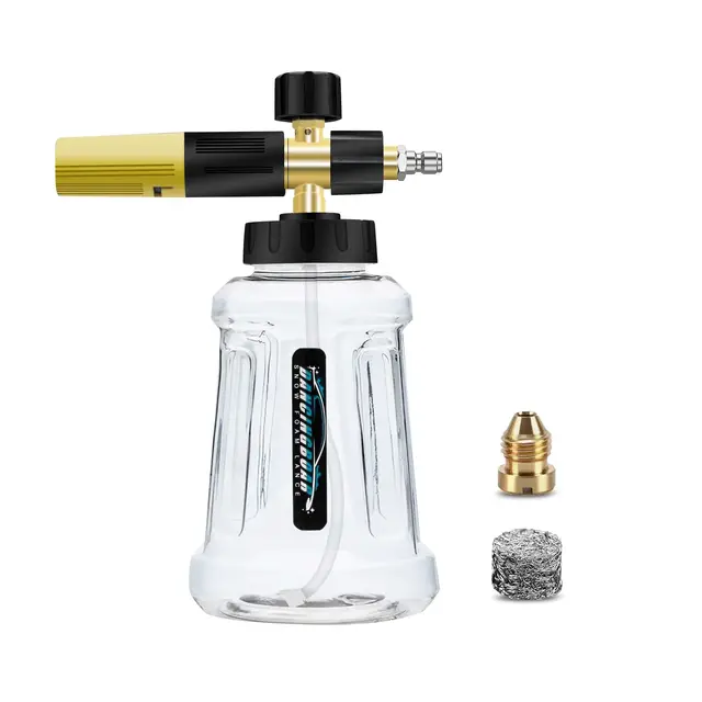 Canon a mousse amélioré pour nettoyeur haute pression 1/4 à dégagement rapide, 1L Canon à mousse Distributeur de savon avec buse de pulvérisation réglable de nouvelle génération (noir et jaune)