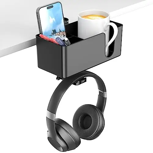 KDD Porte Gobelet Bureau 4 en 1 avec Support Casque Gamer - Crochet pour Casque sous Bureau avec 2 Trous de Fil - Porte Casque Gamer Rotatif et Rangement Détachable pour Tasse Téléphone Stylo (Noir)