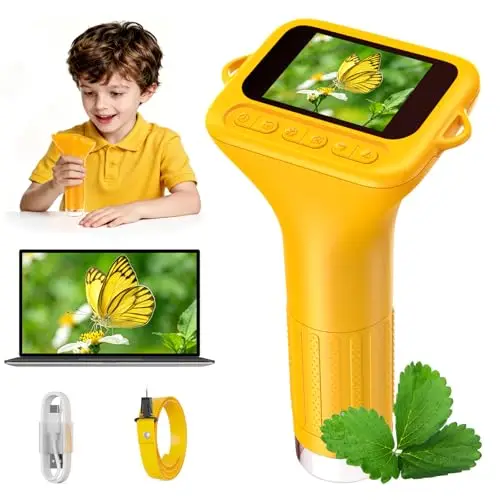 Microscope Enfant Portable 1000X – Microscope Numérique avec Écran IPS 2 Pouces et 8 LED, Fonction Photo & Vidéo, Cadeau d’Anniversaire Scientifique pour Garçons et Filles (Jaune)