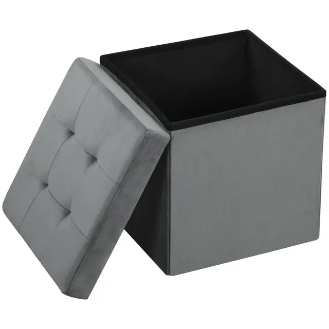 HOMCOM Tabouret, Pouf Coffre Rangement, Pouf Repose-Pieds en Tissu Velours, pour la Chambre à Coucher, entrée, Salon, Charge 120 Kg, 38 x 38 x 38 cm, Gris