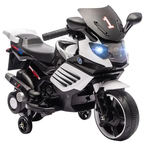 AIYAPLAY Moto Électrique Enfants 6 V, Voiture Électrique Enfants avec Roues d'Entraînement Amovibles, Effets Lumineux et Sonores, Vitesse Max. 2,5 km/h, pour 18-36 Mois, Charge Max. 25 kg, Blanc